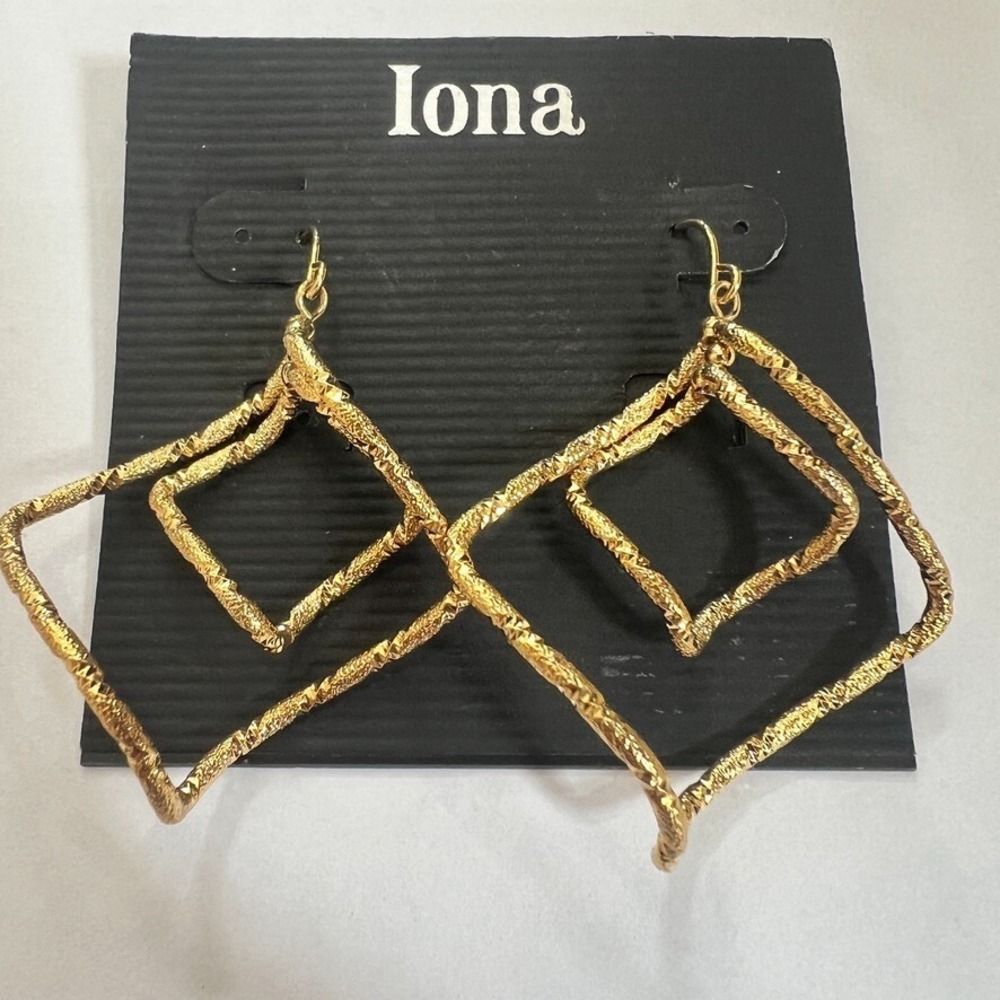 Bold & Unique Gold Tone Dangle Geometric Textured‎ Iona Earrings New Old Stock